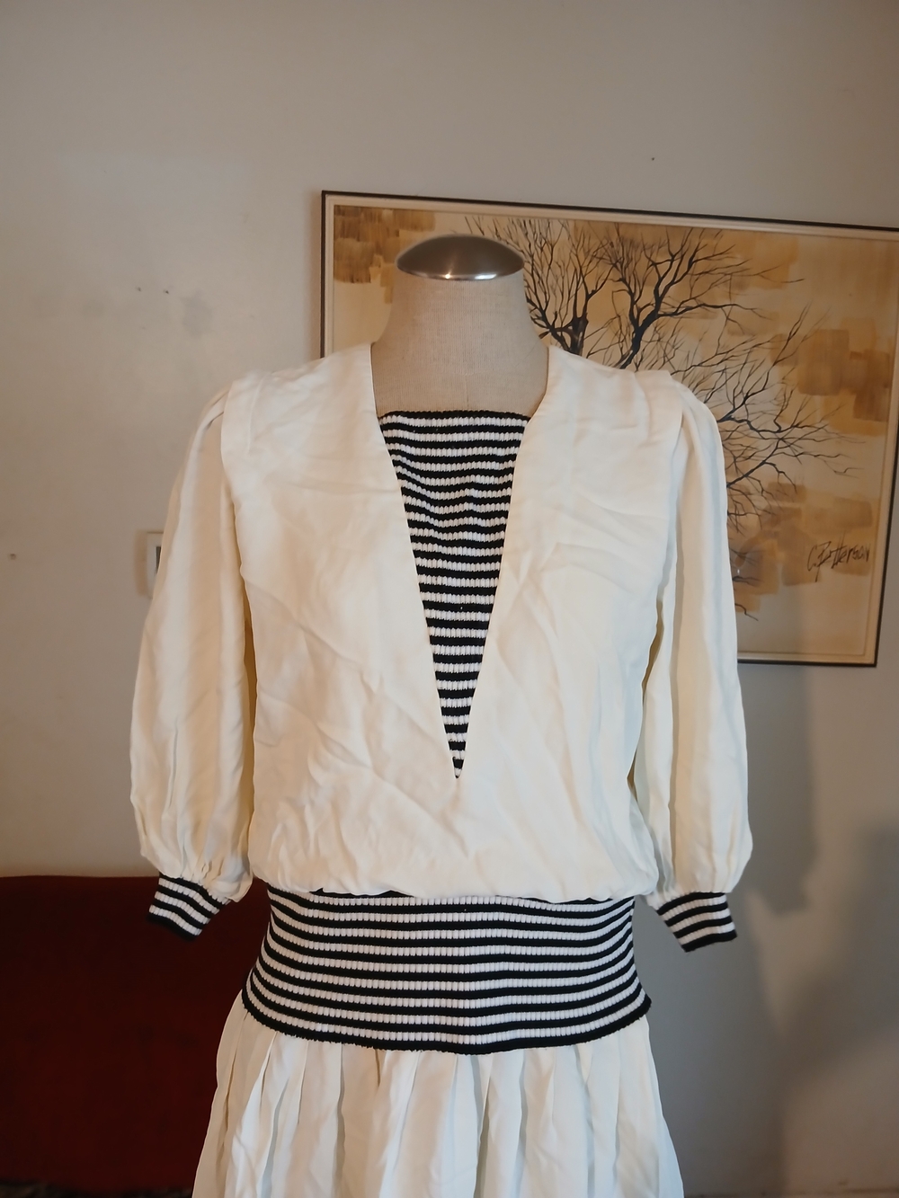 Vintage Cream Dress with Black & White Striped Waist and Bodice